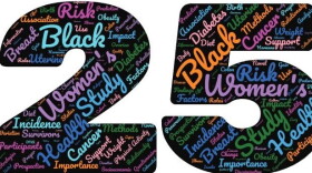 The logo for the 25th anniversary of the Black Women's Health Study is the number 25 with the variety of health conditions studied written in different colors in the number