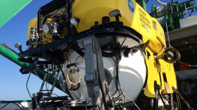 The Pisces V submersible sits on the deck of a research vessel during an expedition to previously unexplored seamounts off the coast of Hawaiʻi Island on Sept. 8, 2016.