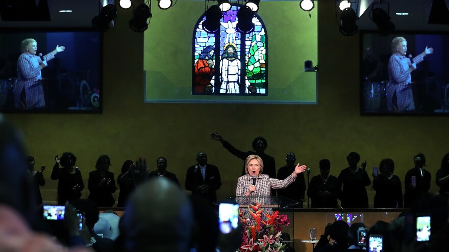Hillary Clinton speaks during church services at Greater St. Paul Church in June in Oakland, Calif.