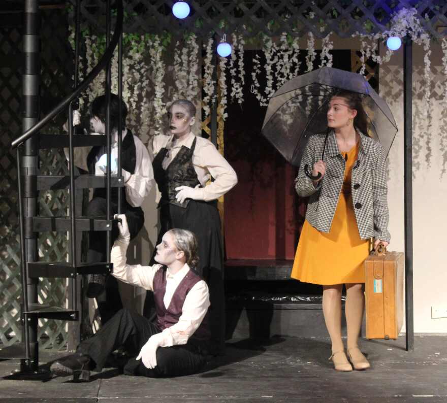 Ella Maas matches Gabe Cruz in acting acumen and intensity in the role of Eurydice, seen here arriving in Hades following her untimely death.