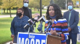 First District Councilwoman Denise Moore announces her run for re-election at a news conference near the MacArthur Bridge, Oct. 1, 2020.