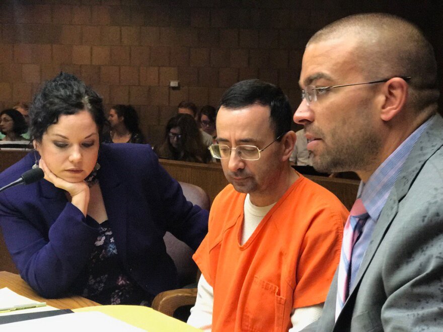 Larry Nassar in court in recent months with his attorneys, Shannon Smith and Matthew Newburg.
