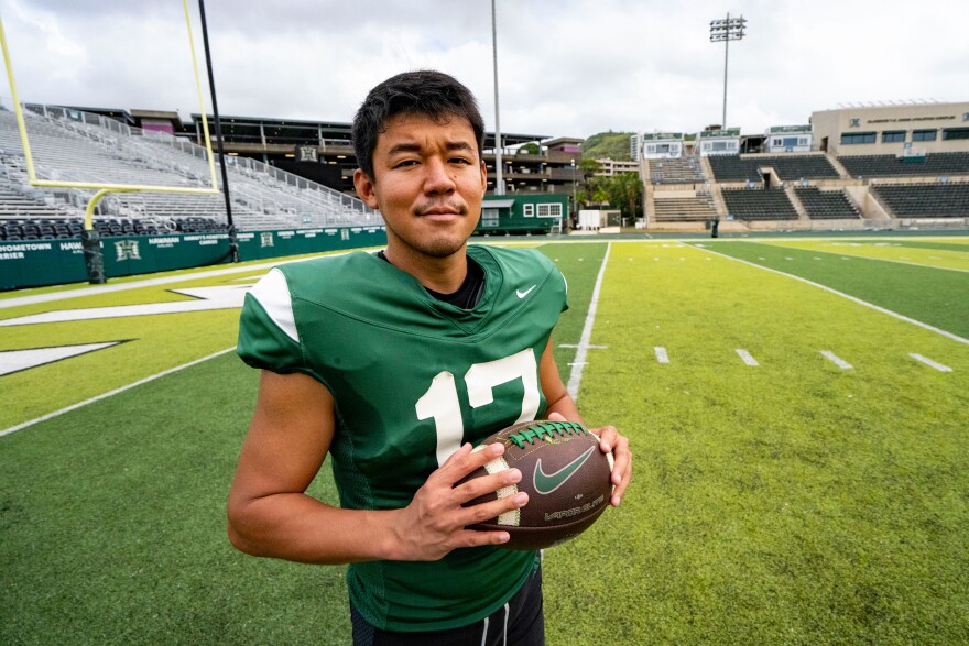 Hawaii place kicker Kansei Matsuzawa, of Japan, poses for a portrait at Clarence T.C. Ching Athletics Complex, Tuesday, Dec. 16, 2025, in Honolulu.