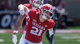 Indiana linebacker Jacob Savage (21) reacts after making a defensive stop during the second half of an NCAA college football game against North Texas, Saturday, Sept. 5, 2026, in Bloomington, Ind.