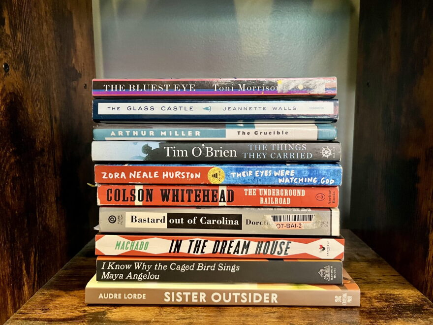 A stack of books that have been banned or challenged.