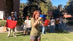 Members of Students for Quality Education protest outside the administration building on Oct. 14, 2026 at California State University, Chico in Chico, Calif.