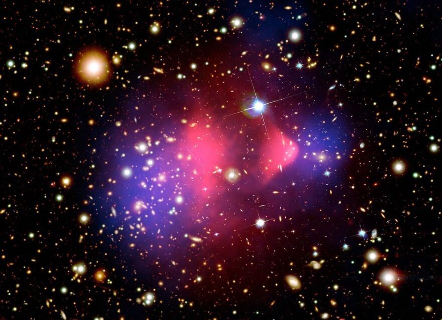 The Bullet Cluster, a pair of galaxy clusters that collided. Normal matter is shown in the cluster in pink, while gravitational lensing reveals dark matter in the cluster shown in blue. This observation has provided one of the clearest direct examples of dark matter.