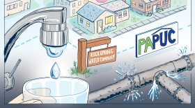 An illustration of water coming from a tap, houses, pipes, a Rock Spring Water Company sign, and a PUC sign.