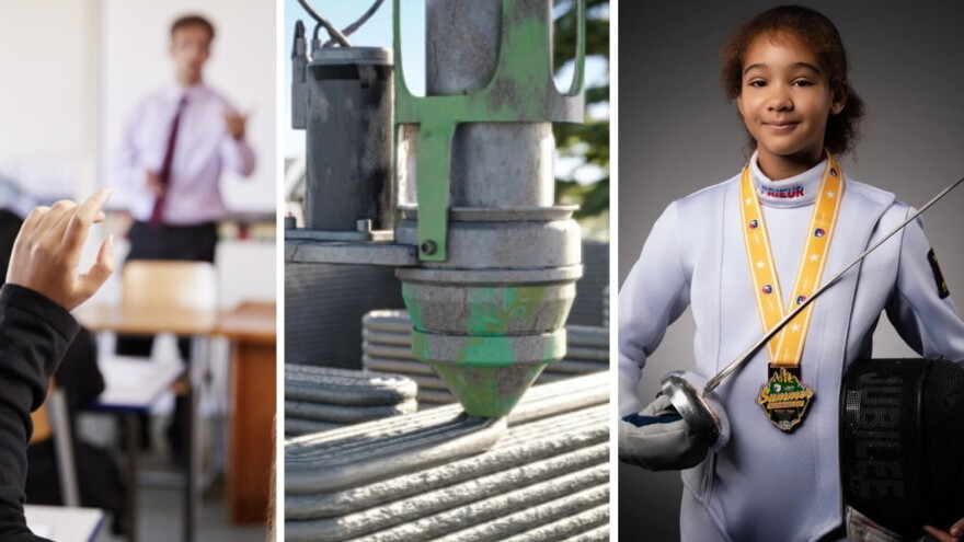 3 side by side images: left: a teacher is out of focus in the background of a classroom; a 3d printer build pieces of a house; a young african american girl in a fencing suit and medal around her neck as she proudly holds a sword