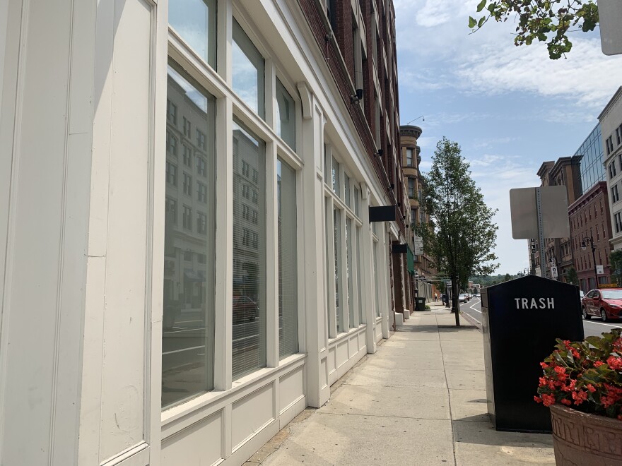 Empty storefronts opposite the MGM casino in Springfield, Massachusetts, one year after it opened.