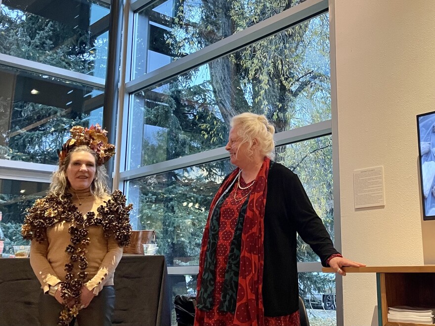 Artists Soledad Escudero (left) and Deborah Jones speak at the opening for their show “Common Ground” at Aspen’s Red Brick Center for the Arts on Oct. 12, 2023. The two participated in a Sister Cities artist exchange program that connects creatives from Aspen and Bariloche, Argentina.