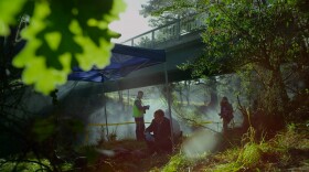 Police investigate a crime scene under a tent under a bridge.