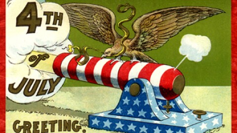 Vintage 4th of July postcard featuring a large eagle with outstretched wings perched on a red-and-white striped cannon barrel with a blue, star-patterned base. Billowing smoke forms the text '4th of July Greeting' on the left.