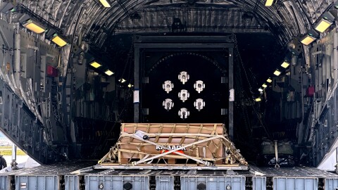 A Valar Atomics microreactor is seen on a C-17 aircraft, without nuclear fuel, at March Air Reserve Base, Calif., Feb. 15, 2026. The reactor was transported from March Air Reserve Base to Hill Air Force Base in Utah.