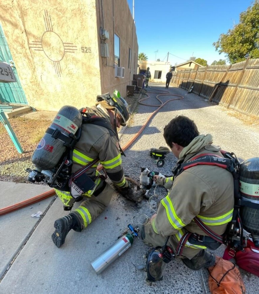 Firefighters giving emergency care to saved cats. Image via Las Cruces Fire Department Facebook Page.