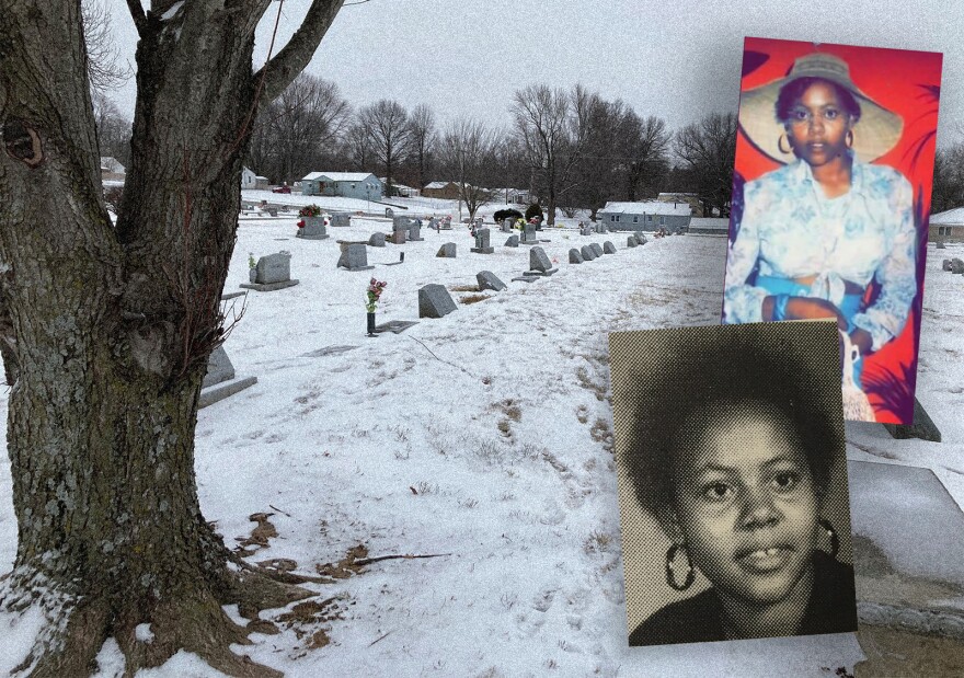 Photos of Rose Calvin, top, sometime in her 20s, and below, as a sophomore at Wyandotte County High School in 1973, transposed on her gravesite at Brookings Cemetery in Raytown.