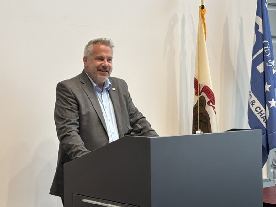 Democratic Congressman Eric Sorensen (IL-17th) spoke about seeking federal funding to help Silvis pay for an $8-million water main replacement along 1st Avenue, at a press conference Tuesday, Aug. 11, 2026.