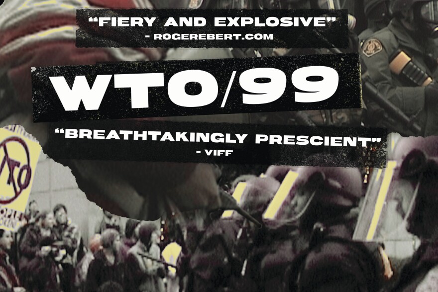 collaged image of police in riot gear, people with political signs, text blocks going across image " Firey and explosive"  "WTO/99" "Breathtakingly Precient"