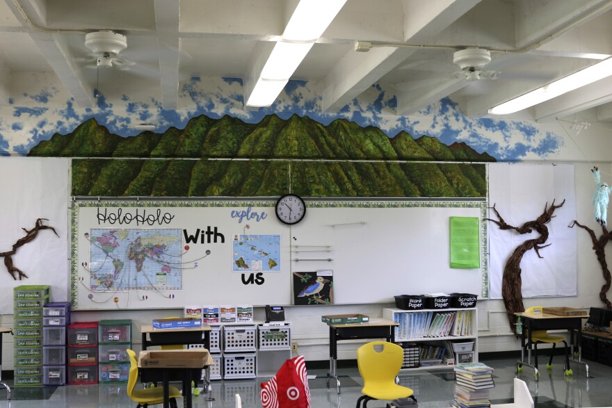 FILE - Desks are spaced out in a classroom at Aikahi Elementary School in Kailua, Hawaiʻi on Tuesday, July 28, 2020. (AP Photo/Jennifer Sinco Kelleher)