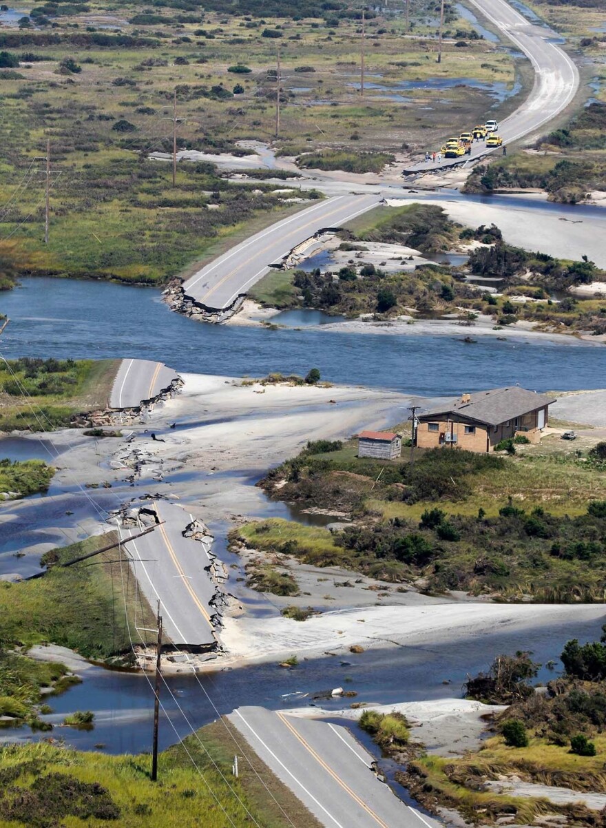 Route 12 on Hatteras Island was cut in five locations by Hurricane Irene.