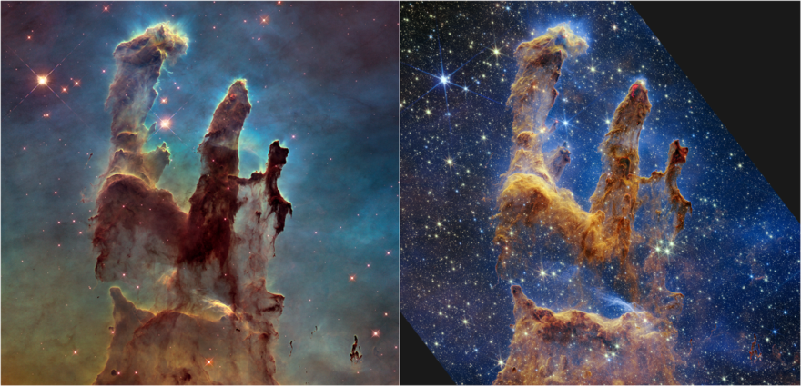 NASA's Hubble Space Telescope made the Pillars of Creation famous with its first image in 1995, but revisited the scene in 2014 to reveal a sharper, wider view in visible light, shown above at left. A new, near-infrared-light view from NASA’s James Webb Space Telescope, at right, helps us peer through more of the dust in this star-forming region. The thick, dusty brown pillars are no longer as opaque and many more red stars that are still forming come into view.Photo: NASA, ESA, CSA, STScI; Joseph DePasquale (STScI), Anton M. Koekemoer (STScI), Alyssa Pagan (STScI).