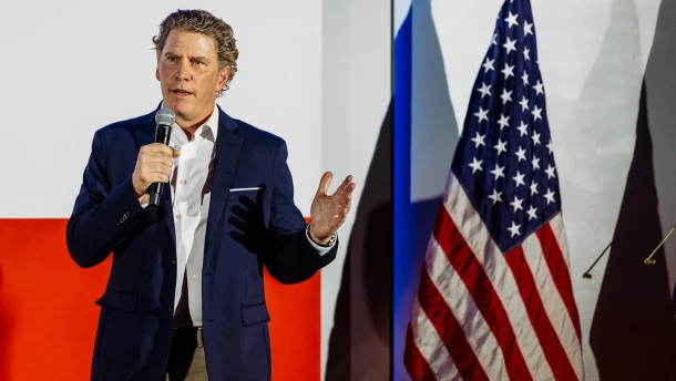 Bo French speaks at a Lone Star Liberty PAC rally at The Angry Elephant in San Antonio on Thursday, May 21, 2025.