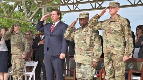 Gov. Ron DeSantis is pictured on April 6 at a change of command ceremony at Camp Blanding.