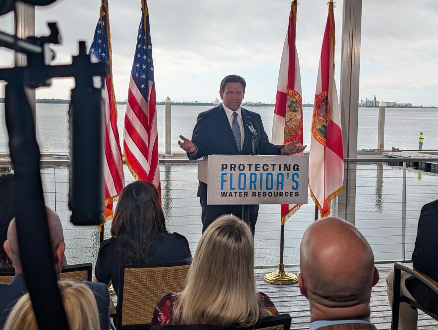 Florida Gov. Ron DeSantis speaking at the Hula Bay Club in Tampa on Dec. 3, 2025.
