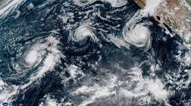 A satellite image shows from left to right, Hurricane Lowell, Tropical Storm Karina and Hurricane Marie in the Pacific on Sunday morning, Sept. 6, 2026.