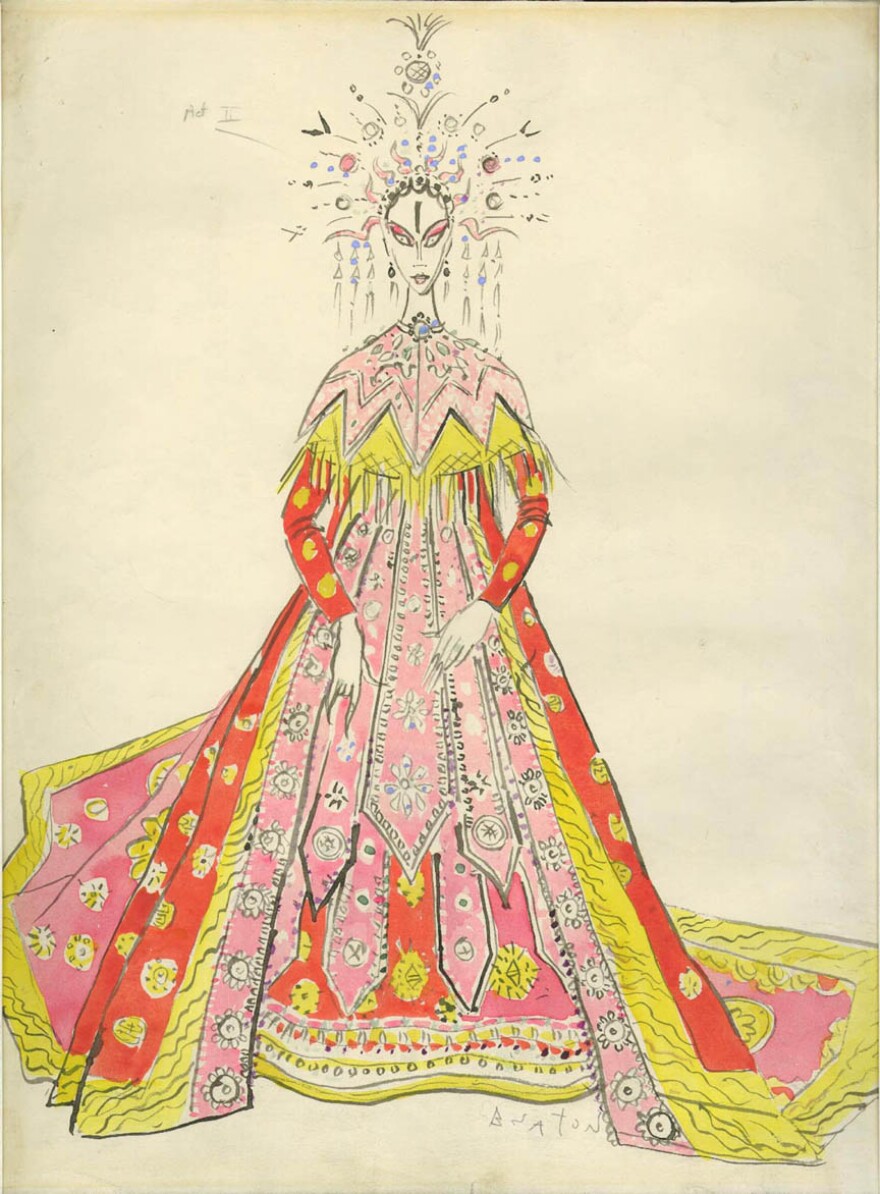 A sketch of the gown designed by Cecil Beaton for Birgit Nilsson in the 1961 Metropolitan Opera production of Puccini's Turandot. Both the sketch and the costume are on display at the Metropolitan Opera's Behind the Seams exhibit.
