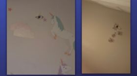 Holes in the walls of an apartment unit left behind from the bullet of an AR-15 Pistol that wounded an 8-year-old child's leg. The bullet ricocheted from the young child's room (right) to their siblings closet ceiling (left).