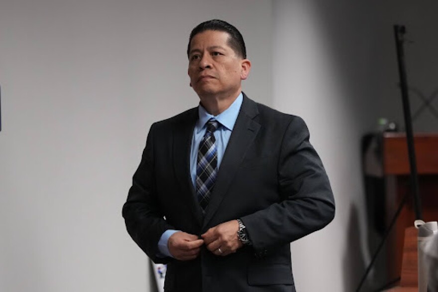 Former Uvalde school district police officer Adrian Gonzales leaves the courtroom during a break at the Nueces County Courthouse in Corpus Christi, Texas, Tuesday, Jan. 6, 2026.