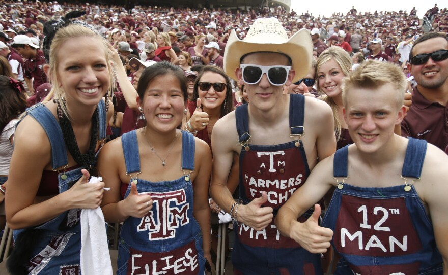 Fans of the Texas A&M Aggies celebrate during a game against of the Alabama Crimson Tide on Sept. 14 in College Station, Texas.