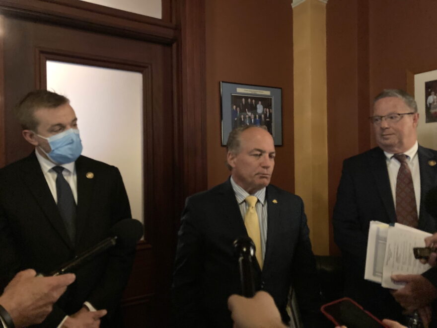From left, House Speaker Bryan Cutler (R-Lancaster), Majority Leader Kerry Benninghoff (R-Centre) and House Republican Appropriations Chair Stan Saylor (R-York) speak to the press about ongoing budget negotiations at the state Capitol in Harrisburg on July 1, 2022. (Sam Dunklau / WITF)
