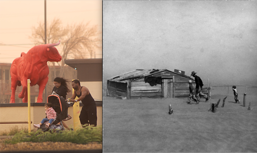 Photos from “A History of Dust” by Bruce Berman. Left: “Fleeing on Dyer Street, El Paso, Texas, by Bruce Berman, March 6, 2025.”; Right: “Dust Storm, Cimarron County, Oklahoma, by Arthur Rothstein, April 1936. (Library of Congress).