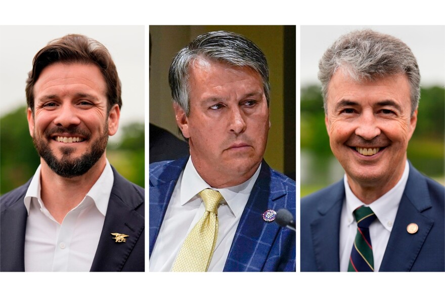 This combination of photos shows Republican candidates for U.S. Senate, from left, Jared Hudson on May 7, 2026, in Enterprise, Ala., Rep. Barry Moore on April 17, 2023, in New York, center, and Steve Marshall on May 7, 2026, in Enterprise, Ala., right. (AP Photo)