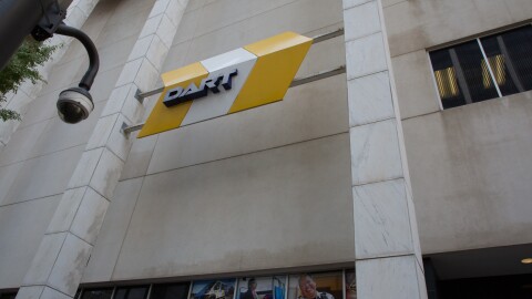 The sign in front of the headquarters for Dallas Area Rapid Transit or DART in downtown Dallas.