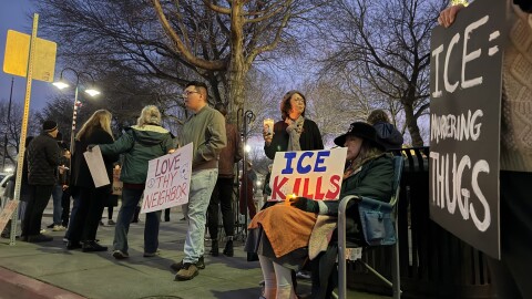 Demonstrators protest the killing of a Minneapolis woman by a federal immigration agent on Wednesday, Jan. 7, 2026, in downtown Chico.