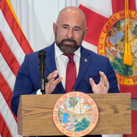 FILE - Florida Lt. Gov. Jay Collins during a news conference Aug. 12, 2025, in Tampa, Fla.