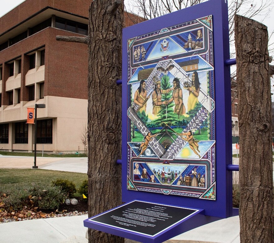 Syracuse University has made efforts to acknowledge native American culture, such as this Onondaga art exhibit by Brandon “Ganyada•kda” Lazore