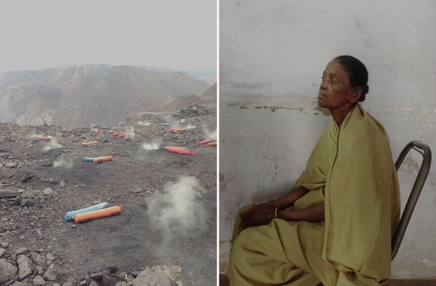 Left: Dynamite, used to break up rock for excavation, is scattered across the Jharia coalfield. Smoke rises from underground fires. Right: A woman sits in a broken chair outside of a mine official's office. She was hired as an office assistant after her husband died in a mine blast.