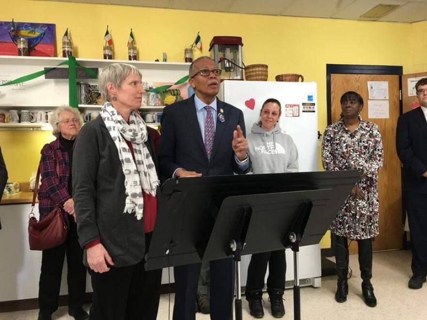 State Sen. Rachel May with state Sen. Robert Jackson in Syracuse in 2019. Jackson was part of the Campaign for Fiscal Equity lawsuit in 1993. TOM MAGNARELLI / WRVO PUBLIC MEDIA FILE PHOTO