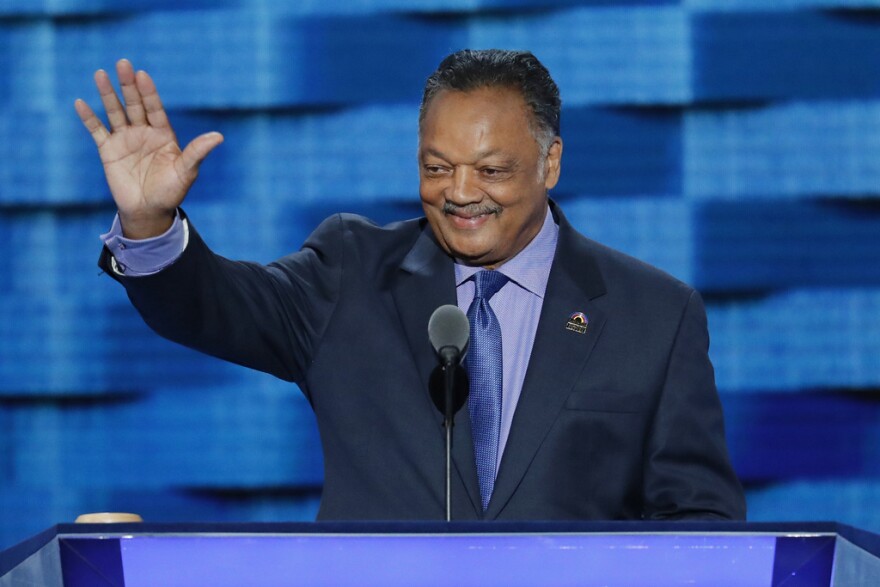 The Rev. Jesse Jackson waved as he stepped to the podium during the third day of the Democratic National Convention in Philadelphia, July 27, 2016. Jackson died Tuesday at age 84.