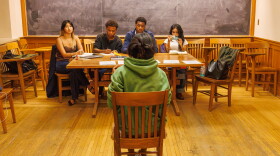 Talia Hsia, Slater Vance, Chin Onwu, and Fabeha Jahra (l-r) review the audition Demi Singleton for Six Degrees of Separation,” October 05, 2026 at the Heritage Production Company at Linsly-Chittenden Hall in New Haven Connecticut.