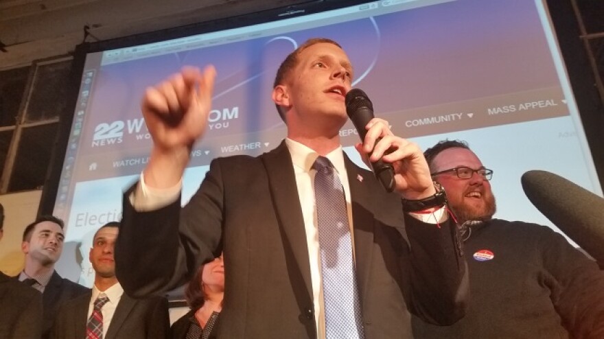 Holyoke Mayor Alex Morse addresses supporters after winning reelection