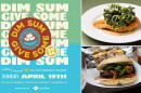 (Clockwise from left) The annual Dim Sum Give Sum event poster, pan-fried chicken with kale and anchovy from the new lunch menu at CASSIS, and a pork belly num pang.