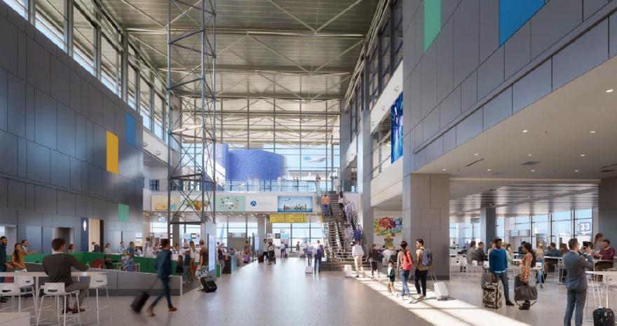 An illustration showing a view inside the expanded terminal. Passengers are moving around with their bags in an area with soaring ceilings. A children's play area is on the left. In the distance, a large staircase leads to the mezzanine area.