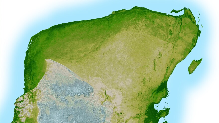 The Chicxulub crater from the impact that's widely believed to have caused the Cretaceous-Tertiary Extinction 65.5 million years ago is visible here in a shaded relief image of Mexico's Yucatan Peninsula.