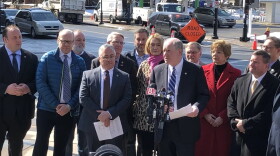 Senate Minority Leader Kevin Kelly (at microphone) and other Senate and House Republicans pitched a $1.2 billion tax relief plan Thursday.