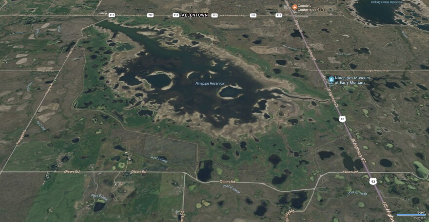 Satellite map of the Ninepipe wetlands area in western Montana.